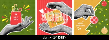 weihnachtskarte im Halbton. Merry Xmas 2025 Neujahrs Vintage Collage Poster, Souvenirgeschäft Verkauf Rabatt Marketing Pop Art Karte trendige 90er Jahre Retro Papier Design, exakte Vektor Illustration Original Artwork Stock Vektor