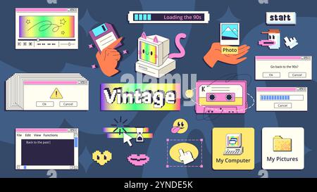 Retro-Schnittstellenaufkleber. Alte Computer y2k Technologie seltsame Elemente, Web Fenster Fehler Tab Spiel ui 2000s 90s 80s Vintage Desktop Ordner Design, Cartoon Klasse Vektor Illustration Original Artwork Stock Vektor