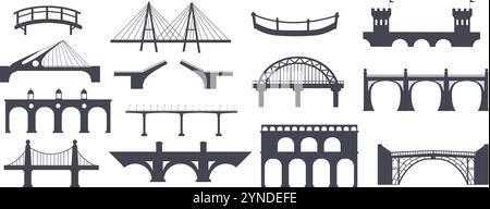 Silhouetten der Flussbrücken. Alte oder moderne Stadtbrücke schwarze Silhouette Logo, bogenförmige Aufhängungssäule Eisenbahn Autobahn Verkehrsverbindung, saubere Vektorillustration Original Kunstwerk Stock Vektor