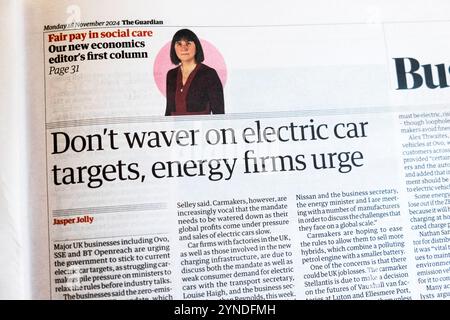 „Don't schwanver on Electric Car Targets, Energieunternehmen drängen“ Guardian-Zeitung übertitelt Wirtschaftsnachrichten artikel 18 November 2024 London England Großbritannien Stockfoto