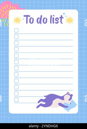 To-do-Listenvorlage mit Illustration eines schlafenden lila Dachses. Niedliches Checklisten-Design auf blauem Gitterhintergrund. Schreibwarenkonzept für Planer und Org Stock Vektor
