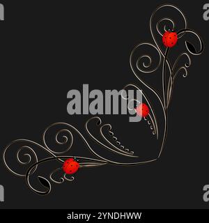 Ecke mit roten Marienkäfern auf schwarzem Hintergrund. Stock Vektor