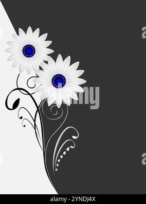 Illustration eines schwarz-weißen floralen Hintergrunds mit Kamillenblüten. Stock Vektor