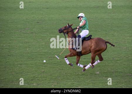 Szene aus der 131. Argentinischen Open Polo Meisterschaft (Spanisch: Campeonato Argentino Abierto de Polo), Bartolome Castagnola vom Team La Natividad in Stockfoto