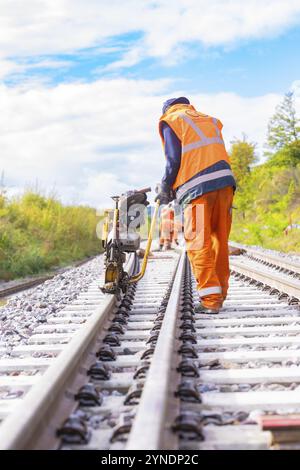 Ein Arbeiter mit einer Maschine auf den Gleisen, arbeitet im Freien, Schienenschweißen, Gleisbau Hermann Hessebahn, Calw, Schwarzwald, Deutsch Stockfoto