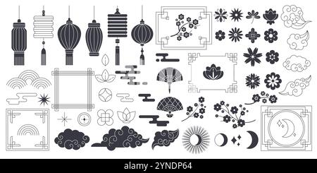 Chinesische Kultursymbole und -Rahmen lineare Glyphen-Symbole Sammlung. Traditionelle asiatische dekorative Ornamente Objekte auf weißem Hintergrund Stock Vektor