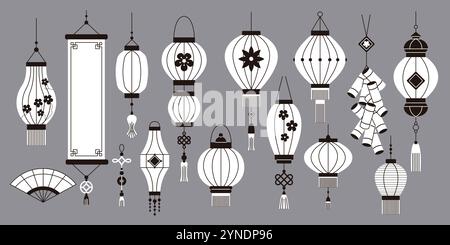 Das chinesische Neujahrsfest zeichnet sich durch eine lineare Icons-Kollektion aus. Orientalisches Zubehör für Happy Holidays-Objekte auf grauem Hintergrund Stock Vektor