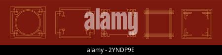 Rahmen im traditionellen chinesischen Stil mit linearen Symbolen. Komplexe dekorative Ränder mit asiatischen Mustern auf rotem Hintergrund Stock Vektor