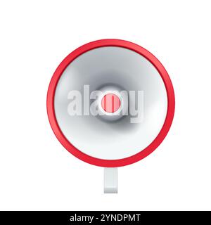 Megaphon mit roten dekorativen Elementen realistische Vektorillustration. Lautsprecher, der die Aufmerksamkeit des Publikums auf sich zieht 3D-Modell auf weißem Hintergrund Stock Vektor