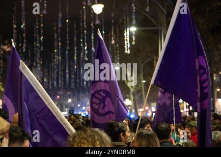 Barcelona, Spanien. November 2024. Feministische Demonstration anlässlich des Internationalen Tages zur Beseitigung der Gewalt gegen Frauen, bei dem politische Parteien (außer VOX und PP) und die breite Öffentlichkeit entlang des zentralen Passeig de Gr&#xe0;cia unter dem Motto marschierten: "Lasst Angst die Seiten ändern, nicht eine mehr. Manifestación feminista en conmemoración del D&#xed;a Internacional de la Lucha contra la Violencia hacia las Mujeres, donde partidos pol&#xed;ticos (sin VOX ni PP) y ciudadan&#xed;a en General se manifestaron por la céntrica calle del Passeig de Gr&#xe0;cia bajo el lema: &Quo Stockfoto