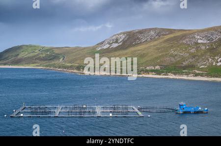 Fischfarm am Loch Eriboll in der Nähe von Durness in den schottischen Highlands, Großbritannien. Stockfoto