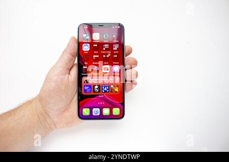 Calgary, Alberta, Kanada. August 15 2020. Eine Person, die ein iPhone 11 Pro Max mit dem neuen iOS14 mit Widgets installiert hält Stockfoto