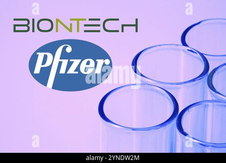 Eine einzelne Spritze, Corona-Impfstoff von BioNTech und Pfizer, Logo, Reagenzgläser, Foto eines Laboruntersuchungsstudios, Niedersachsen, Bundesrepublik GE Stockfoto