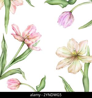Quadratischer Rahmen mit pastellrosafarbenen hellgelben violetten Tulpen und offenen Knospen. Handgezeichnete Aquarellillustration zarte mehrjährige blühende Blume für Stockfoto