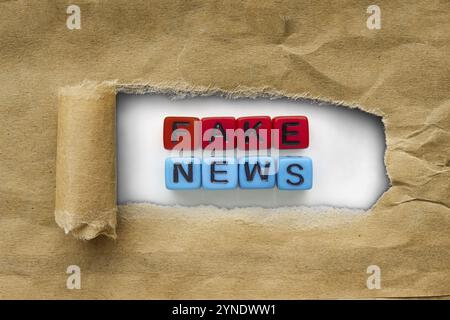 Braunes Paket Kraftpapier zerrissen, um rote & blaue Würfel mit den Worten zu enthüllen: Fake News. Concept Fake News Stockfoto