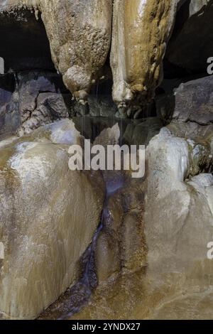 Formation namens Showerbath, Stalaktitenhöhle, Ingleborough Cave, Clapham, Yorkshire Dales, England, Großbritannien Stockfoto