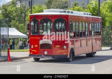 Calgary, Alberta, Kanada. Juni 2023. Ein Calgary Stampede Trolley Tours Bus Shuttle Stockfoto