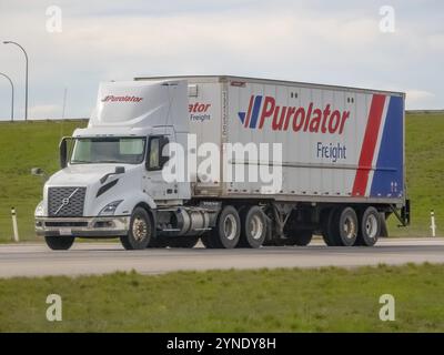 Calgary, Alberta, Kanada. Mai 2024. Ein Purolator-Frachtwagen auf der Straße Stockfoto