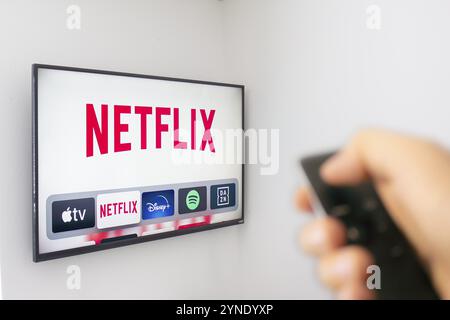 Calgary, Alberta. Kanada 9. Dezember 2019: Eine Person hält eine Apple TV-Fernbedienung mit der neuen Netflix-App mit einer Hand. Netflix dominiert Golden Globe Nominatio Stockfoto