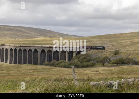 Dampfzug überquert das Ribblehead Viaduct, Eisenbahnbrücke über das Tal des Ribble am Fuße des Berges Whernside, North Yorkshire, EN Stockfoto