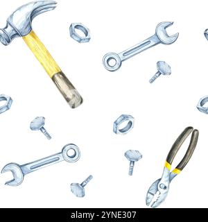 Hämmer, Schraubenschlüssel und Bolzen mit gelbem Griff in einem nahtlosen Clipart-Muster. Ideal für Hintergründe, Stoffdesigns und Verpackungen für Konstruktions- oder mechanische Themen Stockfoto
