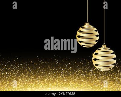 Weihnachtskarte. Goldene Kugeln und herabfallendes glänzendes Konfetti mit Goldsplittern. Grußkarte mit strahlendem Lichteffekt für Weihnachten oder Neujahr. Stock Vektor