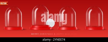 Realistische Schneekugeln aus 3D-Glas mit leeren Podien auf rotem Hintergrund. Vektor Stock Vektor