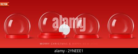Leere Schneekugeln aus 3D-Glas mit dekorativem Podium isoliert auf rotem Hintergrund. Vektorabbildung Stock Vektor