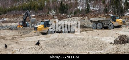 Zwei Muldenkipper im Ladebereich des Baggers ​​an Stockfoto