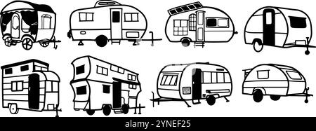 Caravans Set Illustration | minimalistischer Doodle Vektor für Reise- und Abenteuer-Designs Stock Vektor