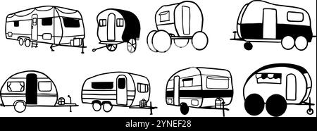 Caravans Set Illustration | minimalistischer Doodle Vektor für Reise- und Abenteuer-Designs Stock Vektor