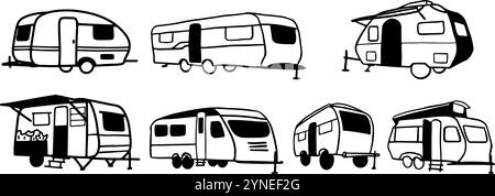 Caravans Set Illustration | minimalistischer Doodle Vektor für Reise- und Abenteuer-Designs Stock Vektor