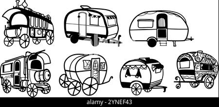 Caravans Set Illustration | minimalistischer Doodle Vektor für Reise- und Abenteuer-Designs Stock Vektor