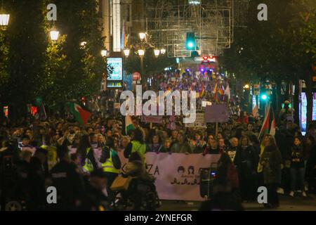 Oviedo, Spanien, 25. November 2024: Tausende von Menschen versammelten sich auf den Straßen von Oviedo während der Demonstration „Let Shame Change Sides“ am 25. November 2024 in Oviedo, Spanien. Quelle: Alberto Brevers / Alamy Live News. Stockfoto