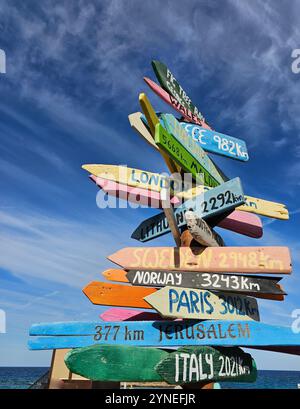 Farbenfrohe Wegweiser mit Entfernungen zu verschiedenen internationalen Zielen unter blauem Himmel Stockfoto