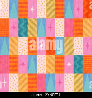 Nahtloses geometrisches Muster für Weihnachten und Winterferien im Retro-Patchwork-Stil. Skandinavisches Weihnachtsmuster. Stockfoto