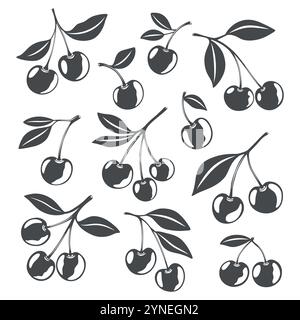 Niedliches Set Mit Schwarzweiß-Ausschnitt In Cartoon-Silhouette Und Kirschsymbol. Einzeln, ein Paar Kirschen und eine Gruppe Kirschen mit Blättern Clipart. Kirschkunst, Design Stock Vektor