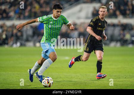 Der Mittelfeldspieler Obed Vargas von Seattle Sounders (18) während eines Halbfinalspiels der MLS Western Conference gegen den LAFC am Samstag, den 23. November 2024, bei der BM Stockfoto