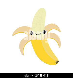 Niedlicher fröhlicher Bananencharakter. Lustiges lächelndes und winkendes Frucht-Comic-Emoticon im flachen Stil. Stock Vektor