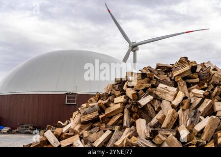 Biogasanlage erzeugt Gas aus verschiedener Biomasse, hier das Holz Lager, der Strom wird in Blockheizkraftwerken, mit dem erzeugten Biogas hergestellt und an Unternehmen im benachbarten Gewerbegebiet verkauft, die entstandene Wärme wird in einem Nahwärmenetz eingespeist, GASSPEICHER und Windkraftwerk, Ense, NRW, Deutschland, Biogasanlage *** Biogasanlage erzeugt Gas aus verschiedenen Biomassen, hier der Holzspeicher, der Strom wird in Blockheizkraftwerken erzeugt, das Biogas wird produziert und an Unternehmen im benachbarten Industriegebiet verkauft, die erzeugte Wärme wird in ein lokales Heim eingespeist Stockfoto