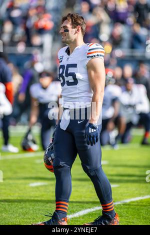 Chicago, IL, USA. November 2024. Chicago Bears #85 Cole Kmet wärmt sich vor dem Spiel gegen die Minnesota Vikings in Chicago auf. Mike Wulf/CSM/Alamy Live News Stockfoto