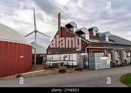 Biogasanlage erzeugt Gas aus verschiedener Biomasse, der Strom wird in Blockheizkraftwerken, mit dem erzeugten Biogas hergestellt und an Unternehmen im benachbarten Gewerbegebiet verkauft, die entstandene Wärme wird in einem Nahwärmenetz eingespeist, GASSPEICHER und Windkraftwerk, Ense, NRW, Deutschland, Biogasanlage *** Biogasanlage erzeugt Gas aus verschiedenen Biomassen, der Strom wird in Blockheizkraftwerken erzeugt und an Unternehmen im benachbarten Industriegebiet verkauft, die erzeugte Wärme wird in ein Nahwärmenetz, Gasspeicher und Windkraftanlagen eingespeist Stockfoto