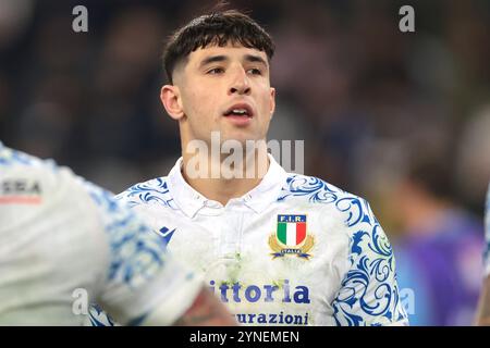 Turin, Italien. November 2024. Tommaso Menoncello aus Italien während des Spiels der Autumn Nation Series im Allianz Stadium in Turin. Der Bildnachweis sollte lauten: Jonathan Moscrop/Sportimage Credit: Sportimage Ltd/Alamy Live News Stockfoto