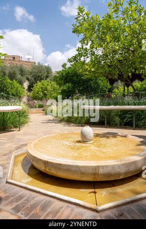 Wunderschöner Brunnen im geheimen Garten, umgeben von üppigem Grün in Marrakesch, Morroco Stockfoto