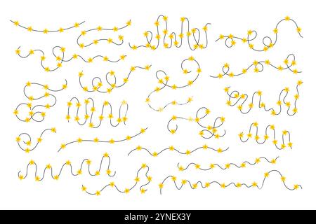 Weihnachtliche Lockengirlanden mit leuchtend gelben Sternenlichtern, handgezeichnet in einem einfachen Doodle-Stil. Ideal für Neujahr, Winterurlaub und Stock Vektor