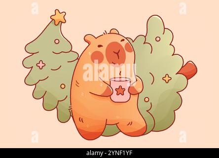 Kawaii Weihnachtscapybara mit Silvesterstar-Spielzeug und heißem Getränk. Stock Vektor