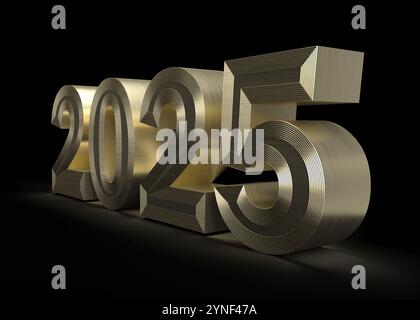Glänzender goldener 2025 3D-Schriftzug für das bevorstehende Neujahrsfest auf schwarzem Hintergrund Stockfoto