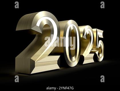 Glänzender goldener 2025 3D-Schriftzug für das bevorstehende Neujahrsfest auf schwarzem Hintergrund Stockfoto