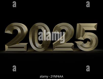 Glänzender goldener 2025 3D-Schriftzug für das bevorstehende Neujahrsfest auf schwarzem Hintergrund Stockfoto