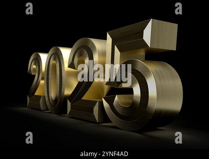 Glänzender goldener 2025 3D-Schriftzug für das bevorstehende Neujahrsfest auf schwarzem Hintergrund Stockfoto